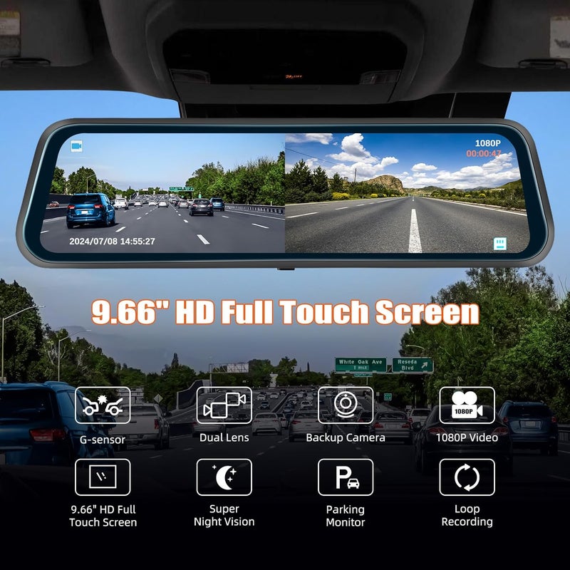 AMprime 9.66" Mirror Dash Cam,1080P Touchscreen Rear View Mirror Front and Rear View Dual Cameras,Super Night Vision,G-Sensor,Loop Recording,Parking Assistance,24H Parking Monitor,HD Waterproof Backup Camera - Image 2